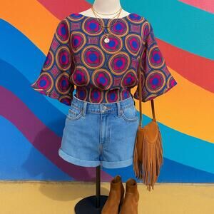 Anthropologie Maeve Miro Dolman Blouse – Retro Mod Silky Top Pink Blue | Size XS